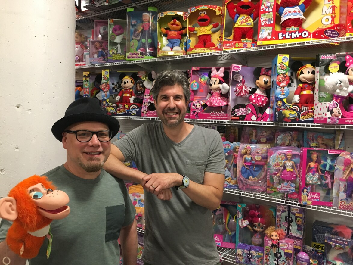 From left: Inventor Steve Casino and Bang Zoom Design Co-Owner Steve Fink. They both collect old toys and it was Maurice the Monkey (which Casino is holding) that originally brought them together. Both owned the toy.